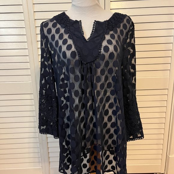 Alfani Tops Alfani Woman Navy Sheer W Polka Dots Tunic Top Long